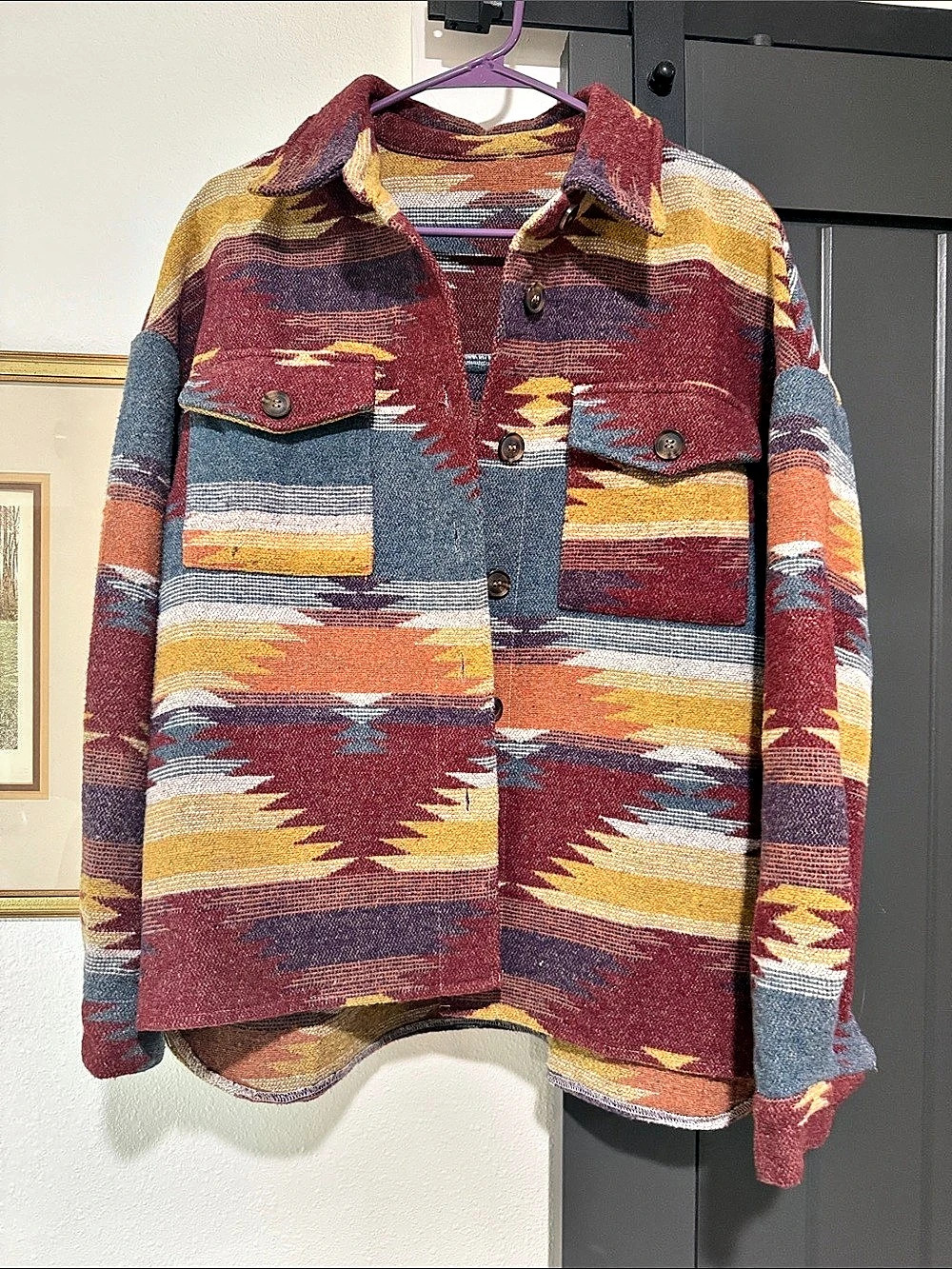 Geometric Pattern Shirt Jacket in Red & Blue